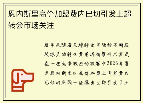 恩内斯里高价加盟费内巴切引发土超转会市场关注