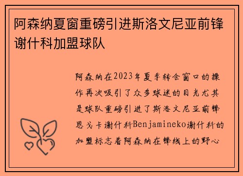 阿森纳夏窗重磅引进斯洛文尼亚前锋谢什科加盟球队 阿森纳夏窗重磅引进斯洛文尼亚前锋谢什科加盟球队